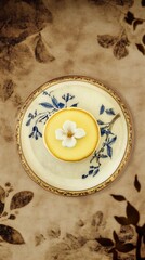 A Delicate Lemon Tart: Exquisite Pastry, Vintage Plate, and Floral Garnish. A Culinary Masterpiece Captured in Stunning Detail, Showcasing the Art of Dessert Presentation and Food Photography.
