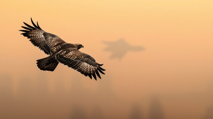 Fototapeta premium Stop pollution wildlife concept. Majestic hawk soaring through a hazy sky at sunset.