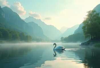 Obraz premium serene natural landscapes featuring calm bodies lush green majestic mountains creating tranquil oasis, autumn, backdrop, beauty, bloom, branch, cascade