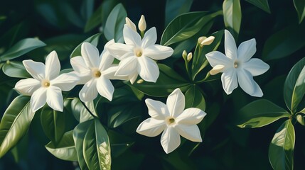 Obraz premium Cluster of white jasmine flowers on a vine, glowing in soft twilight, rich green leaves.