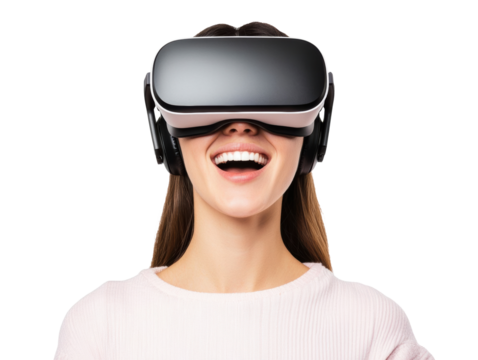 Woman enjoying virtual reality experience with a headset on a transparent background, cut out