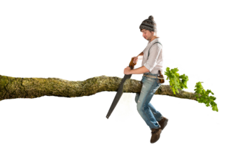 Man making the mistake of sawing off the branch he's sitting on