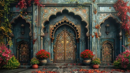A blue building with three arched doors and a courtyard with potted plants