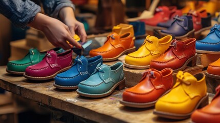 Cobblers creating colorful children's leather shoes, vibrant designs and intricate craftsmanship, dynamic workshop setting highlighting creativity