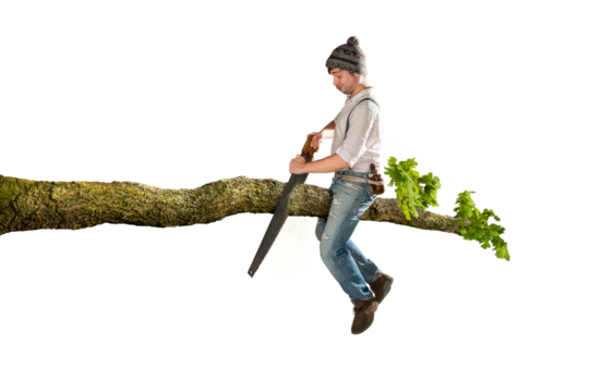 Man making the mistake of sawing off the branch he's sitting on