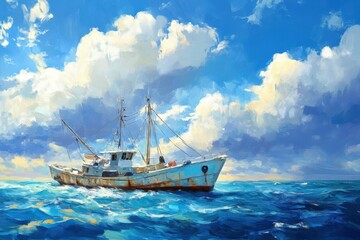 Obraz premium fishing boat in a vibrant blue ocean, serene and peaceful atmosphere, bright natural lighting, inviting and tranquil setting