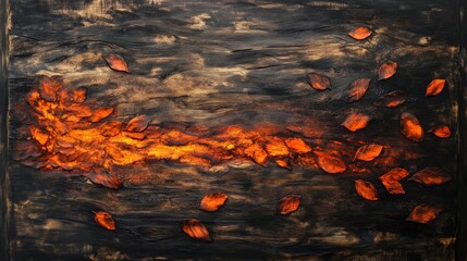 Warm glow from a bonfire illuminating wood and scattered leaves in a cozy outdoor setting during the evening