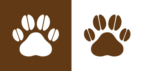 Logo bar pet friendly. Símbolo de cafetería de mascotas. Silueta de zarpa de perro o gato con granos de café 