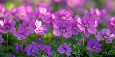 A garden blooms with cascading purple wisteria and delicate lavender flowers, set against a lush green backdrop. The intricate petals create an enchanting and harmonious floral display.