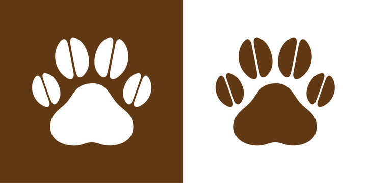 Logo bar pet friendly. S&iacute;mbolo de cafeter&iacute;a de mascotas. Silueta de zarpa de perro o gato con granos de caf&eacute; 