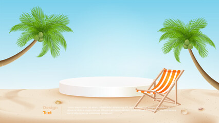 Fototapeta premium Summer sandy beach background with stage podium for product display, vector design