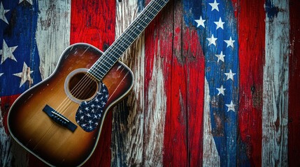 Obraz premium A guitar sits atop an American flag, perfect for patriotic events or music performances
