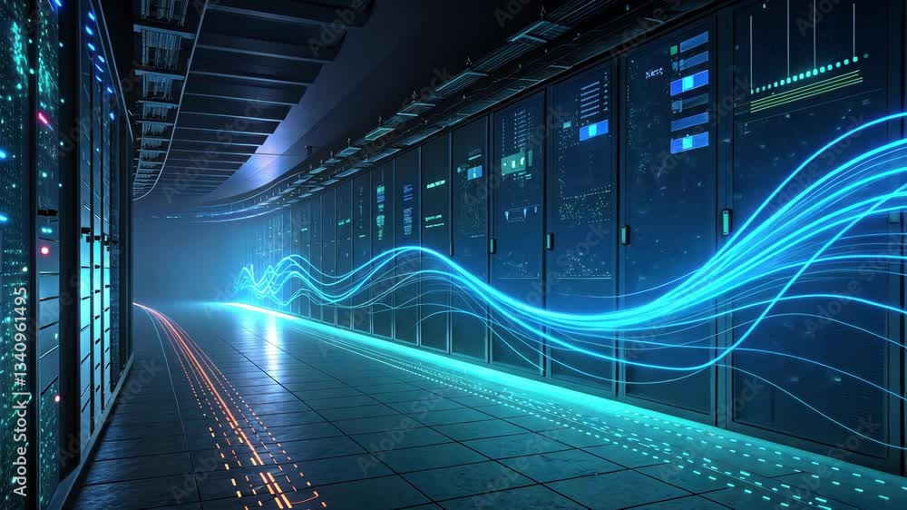 Poster high-tech server room with glowing data streams