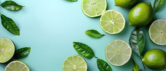 Fresh limes and lime slices on a blue background. Top down aerial view of sliced green limes scattering around at vibrant color background. Flat lay composition. Citrus and tropical fruit. AIG55.