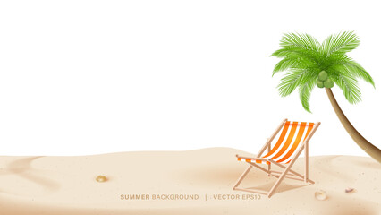 Summer sand background with beach chair, coconut tree and copy space