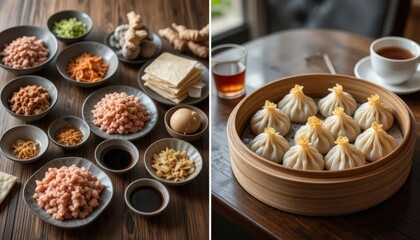 Preparing Delicious Soup Dumplings with Ingredients and Served with Tea
