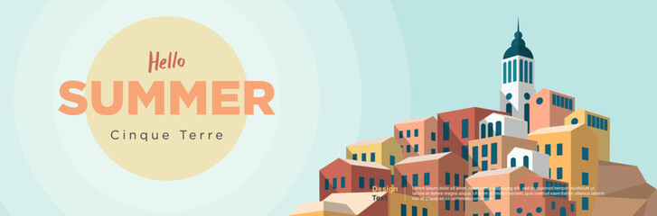 Summer architecture banner background concept with blue sky and vintage European style building of Cinque Terre - Liguria 