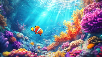 Obraz premium Clownfish swimming among colorful coral, vibrant underwater world, close-up, aquarium-like scene, detailed marine life