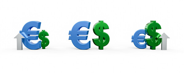 euro and dollar symbols with downward arrows, currency exchange rates