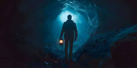Fototapeta premium Into the Dark Cave: A lone figure with a lantern ventures into the mysterious depths of a subterranean world, illuminated only by the faint glow of their light.