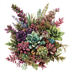 Obraz premium vibrant cluster of watercolor succulents with green, pink, and purple hues, Isolated design on white background