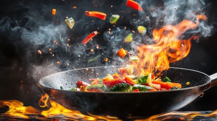 Freeze Motion of Wok Pan with Flying Ingredients in the Air and Fire Flames. Closeup of chef throwing vegetable mix from wok pan in fire. Fresh asian food preparation on dark background.
