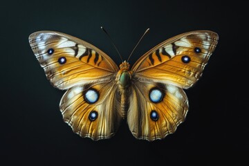 A close-up shot of a butterfly with brown and white wings and bright blue eyes