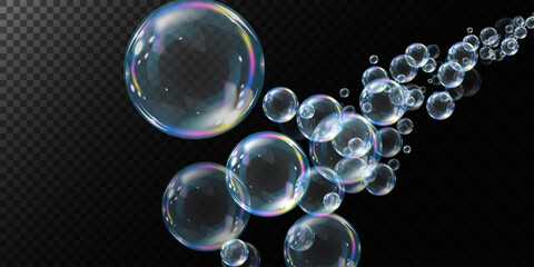 Realistic soap bubbles floating on a black background, reflecting iridescent rainbow light. Shiny, transparent, and glossy spheres create a dreamy, futuristic, and elegant visual effect.