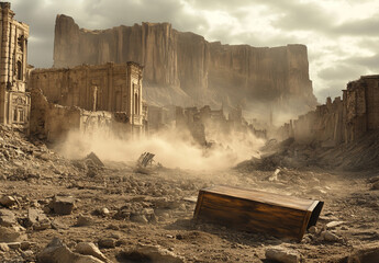 A desolate wasteland stretches into the distance, with towering cliffs and a crumbling building lying in ruins, surrounded by dust clouds, evoking an apocalyptic and cinematic atmosphere.