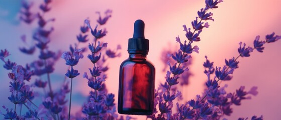 A bottle of essential oil sits atop a plant, perfect for nature-inspired settings or wellness-themed projects