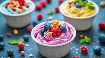 Fresh and vibrant celebration of national frozen yogurt day with colorful toppings.