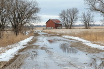 Rural dirt road with red barn and bare trees in winter landscape