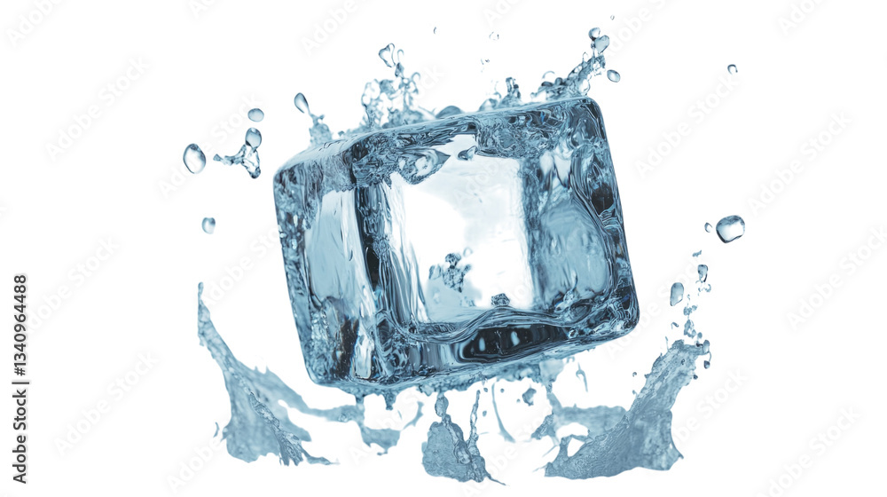 Fototapete ice cube splashing in water creating dynamic droplets cutout isolated on transparent background, cut