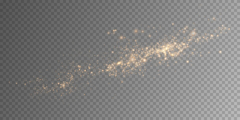 Golden glowing particles scattered in the air, creating a magical sparkle effect. The soft bokeh lights on a transparent background evoke a sense of fantasy, enchantment, and festive atmosphere.