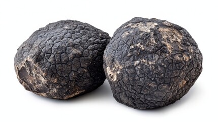 Fresh black truffles isolated on white background, great for culinary and gourmet themes.