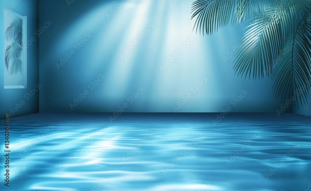 Poster for product presentation, a soft light blue background with subtle shadows from tree branches create