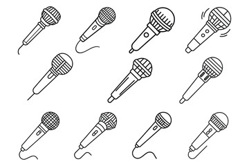 Set of karaoke mic line art vector icon illustration on white background.