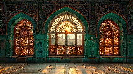 A large room with three arched windows, each with a different design