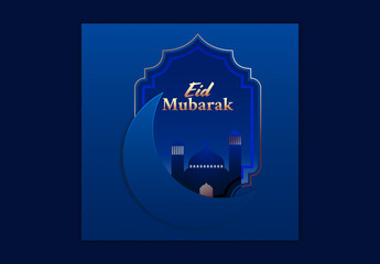 Eid Mubarak Social Media Editable Post in Blue Color. Papercut style.