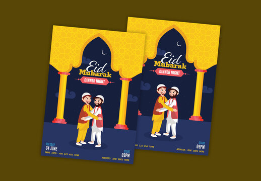 Celebrate Eid with Special Dinner Night, Editable Party Flyers with Cartoon Muslim Men Hugging.