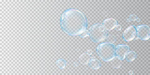 Transparent soap bubbles with soft iridescent shimmer float in the air. Light highlights create an iridescent effect on a light background, symbolizing purity, tenderness and children's joy.
