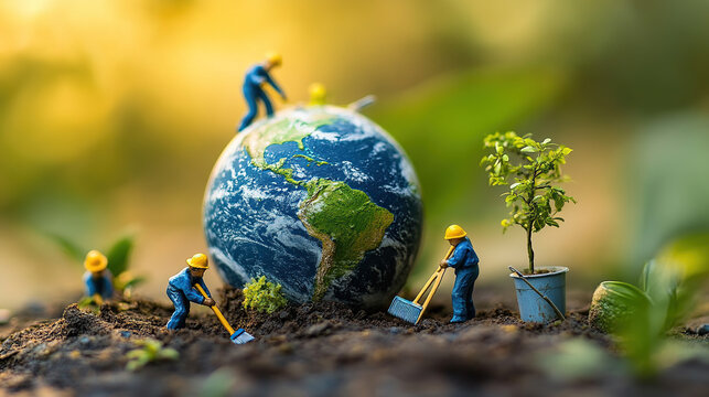 Miniature workers tending to a globe and small tree in a conceptual environmental image