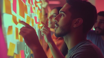 diverse team collaborating with sticky notes on glass wall in creative workspace. brainstorming session for innovative ideas. teamwork and collaboration. business meeting, project planning.