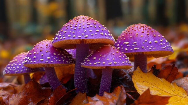 Array of purple toadstool mushrooms Cortinarius spp with their distinctive reddish purple caps growing among fallen leaves in a damp woodland setting