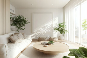 Bright Scandinavian Living Room with Large White Picture Frame Mockup