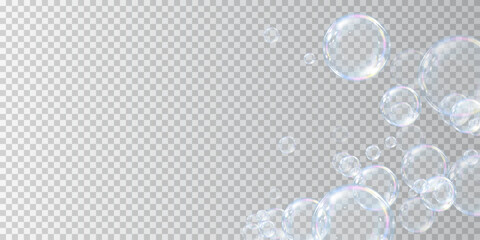 Transparent soap bubbles with soft iridescent shimmer float in the air. Light highlights create an iridescent effect on a light background, symbolizing purity, tenderness and children's joy.
