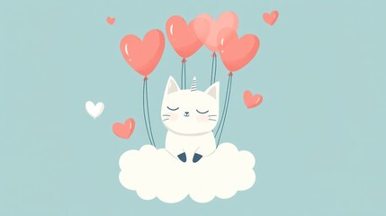 Obraz premium Cute unicorn cat on a cloud with hearts and balloons (4)
