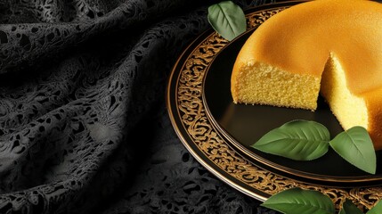 Side view of lemon sponge cake in ceramic chineese design plate on a black elegant background beans, hyper realistic photo with high quality