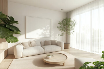 Fototapeta premium Bright Scandinavian Living Room with Large White Picture Frame Mockup