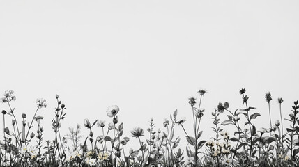 A minimalist black ink drawing of wildflowers, plants, and delicate leaves spreads across a white wall. The simple Scandinavian design offers a clean, elegant, and nature-inspired artistic touch.